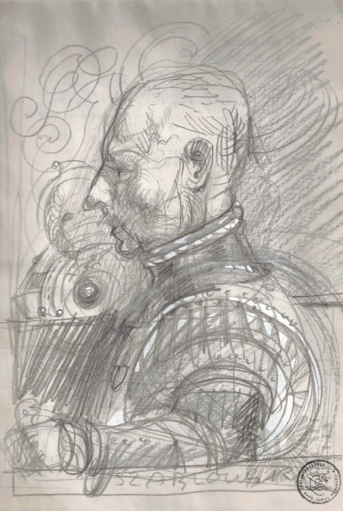 Franciszek Starowieyski (1930-2009), Popiersie mężczyzny [Szablowski] w barokowym kostiumie/zbroi [FRANCISZEK STAROWIEYSKI - POLSKA - XX WIEK - BAROK- RYSUNEK - OŁÓWEK - BIAŁY TUSZ - POLSKA SZKOŁA PLAKATU-FANTASMAGORIE]