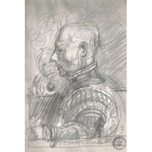 Franciszek Starowieyski (1930–2009), Bust of a Man [Szablowski] in Baroque Costume/Armor [FRANCISZEK STAROWIEYSKI - POLAND - 20TH CENTURY - BAROQUE - DRAWING - PENCIL - WHITE INK - POLISH POSTER SCHOOL - FANTASMAGORIE]