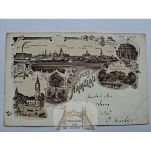 Namysłów, Namslau, single-color lithograph, train station, brewery, ca. 1900