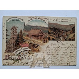 The Sowie Mountains, Wielka Sowa, wooden observation tower, mountain hut, lithograph, 1899