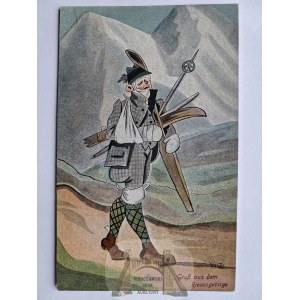 The Karkonosze Mountains, the Riesengebirge, an injured skier, humor, ca. 1920