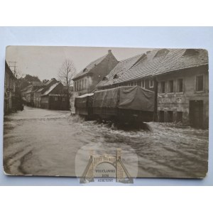 Gryfów Śląski, Greiffenberg, street, flood, truck, private postcard, 1930