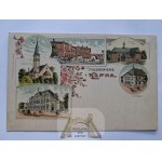Kępno, Kampen, lithograph, 5 views, church, post office, synagogue, train station, ca. 1900