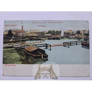 Bydgoszcz, Bromberg, view from the bridge over the Brda River, footbridge, boats, ca. 1905
