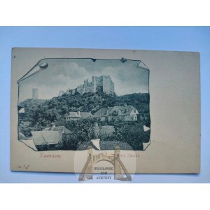 Kazimierz Dolny, le rovine del castello in una cornice decorativa, 1900 circa