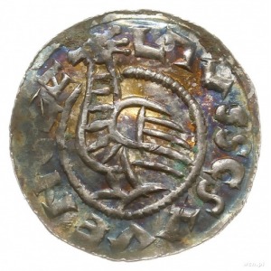 denar z lat 1037-1050; Aw: Postać z krzyżem na wprost, ...