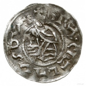 denar z lat 1037-1050; Aw: Postać z krzyżem na wprost, ...