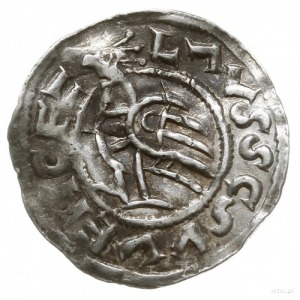 denar z lat 1037-1050; Aw: Postać z krzyżem na wprost, ...