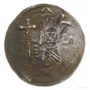 denar z lat 1173-1190; Aw: Biskup stojący na wprost z k...