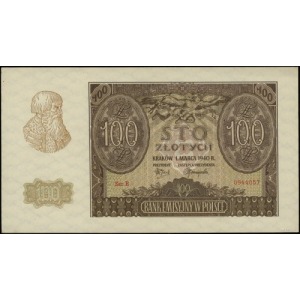 100 złotych 1.03.1940; seria B, numeracja 0944057, fałs...