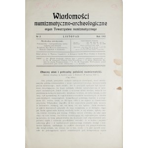 Wiadomości numizmatyczno-archeologiczne, Nr 3, listopad, Kraków 1915.
