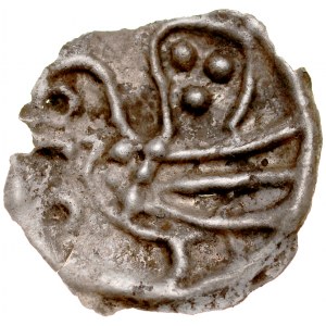 Brakteat guziczkowy II poł. XIII w., nieokreślona dzielnica, Av.: Ptak z podniesionym ogonem w lewo, RRR.