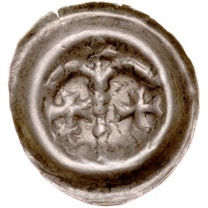 Brakteat guziczkowy, Av.: Dwa łuki wsparte na słupie, pod nimi dwa krzyżyki, nad słupem trzy kropki.