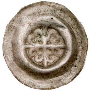 Brakteat guziczkowy II poł. XIII w., nieokreślona dzielnica, Av.: Krzyż grecki o ramionach zakończonych liliami. RRR.