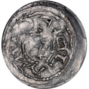 Bolesław III Krzywousty 1107-1138, Denar, Av.: Książę i Św. Wojciech, Rv.: Krzyż, między ramionami kropki, napis.