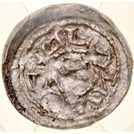 Bolesław III Krzywousty 1107-1138, Denar, Av.: Książę i Św. Wojciech, Rv.: Krzyż, między ramionami kropki, napis.