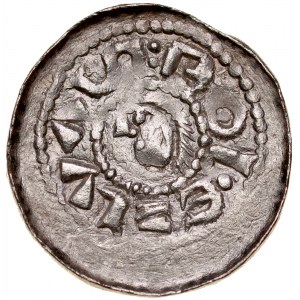 Bolesław Śmiały 1058-1079, Denar, typ książęcy, Av.: Mała głowa i napis otokowy, Rv.: Książe z włócznią na koniu, za nim litera S.