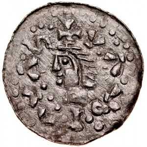 Władysław I Herman 1081-1102, Denar, Kraków, Av.: Mała głowa i napis otokowy, Rv.: Trzy kościelne wieże z krzyżami, napis otokowy, obwódka wewnętrzna.