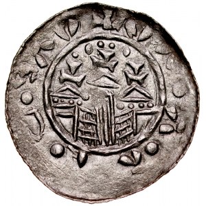 Władysław I Herman 1081-1102, Denar, Kraków, Av.: Mała głowa i napis otokowy, Rv.: Trzy kościelne wieże z krzyżami, napis otokowy, obwódka wewnętrzna.