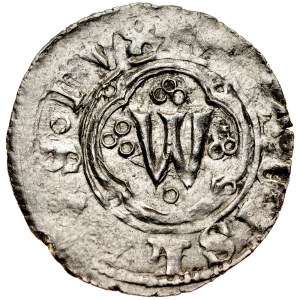 Władysław Opolczyk 1372-1379, Kwartnik ruski, Av.: Litera W w ornamencie, Rv.: Lew.