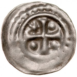 Brakteat guziczkowy II poł. XIII w., nieokreślona dzielnica, Av.: Krzyż równoramienny, między ramionami dwie kropki i dwie gwiazdki, obwódka perełkowa.