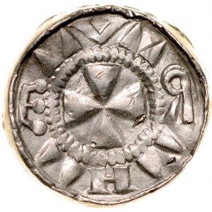 Denar krzyżowy XI w., Av.: Krzyż kawalerski, Rv.: Krzyż prosty, między ramionami duże kropki.