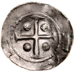 Denar krzyżowy XI w., Av.: Krzyż kawalerski bez ozdobników, Rv.: Krzyż krokwiasty, między ramionami duże kropki.