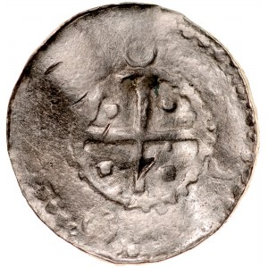 Denar typu Kolonia XI w., imitacja, Av.: Imitacja napisu Colon, Rv.: Krzyż prosty wpisany w obwódkę wewnętrzną, między ramionami kropki.