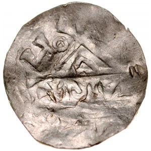 Bolesław Chrobry 992-1025, Denar, Wielkopolska, imitacja typu ratyzbońskiego, Av.: Kapliczka, napis JIVI, Rv.: Krzyż prosty, miedzy jego ramionami litery ODDO.