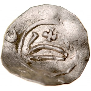 Mieszko II 1025-1031, Denar 1013-1025, Wielkopolska, Av.: Kopuła świątyni, po bokach pałąki, Rv.: Krzyż krokwiasty, między ramionami kule.