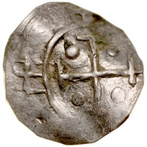 Mieszko II 1025-1031, Denar 1013-1025, Wielkopolska, Av.: Kopuła świątyni, po bokach pałąki, Rv.: Krzyż krokwiasty, między ramionami kule.