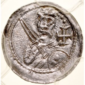 Władysław II Wygnaniec 1138-1146, Denar, Av.: Książę z mieczem i tarczą, nad nią krzyż, Rv.: Biskup z pastorałem, biblią, i krzyżem.