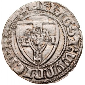 Winrych von Kniprode 1351-1382, Szeląg, Av.: Tarcza wielkiego mistrza, Rv.: Tarcza krzyżacka.