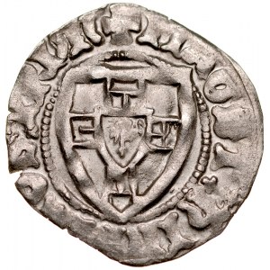 Henryk von Plauen 1410-1413, Szeląg, Av.: Tarcza wielkiego mistrza, Rv.: Tarcza krzyżacka.