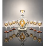 ART DECO - Luxury cut-glass carafe and 6 glasses - Yellow glaze - Engraved floral design - Bohemia, 1930s