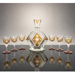 ART DECO - Luxury cut-glass carafe and 6 glasses - Yellow glaze - Engraved floral design - Bohemia, 1930s