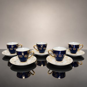 JSK - Porcelain Set of 5 Cups with Saucers - Cobalt Blue Glaze - Gilded Floral Design - Czechoslovakia