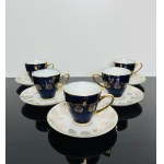 JSK - Porcelain Set of 5 Cups with Saucers - Cobalt Blue Glaze - Gilded Floral Design - Czechoslovakia