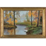 Wiktor Korecki, PAYSAGE D'AUTOMNE AVEC UNE RIVIÈRE DANS LA FORÊT, avant 1939