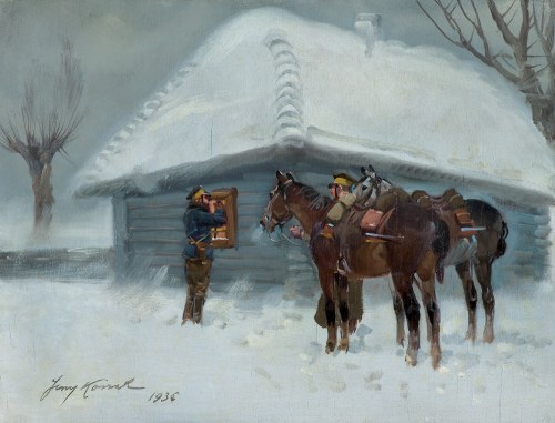 Jerzy Kossak, UŁANI PRZED CHATĄ, 1936