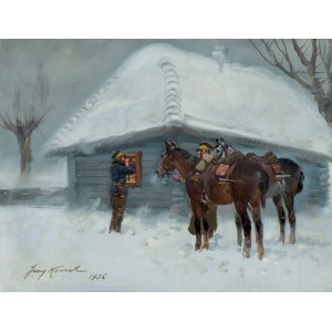 Jerzy Kossak, UŁANI PRZED CHATĄ, 1936