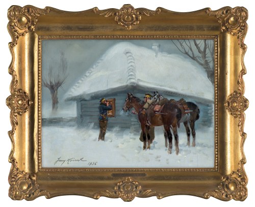 Jerzy Kossak, UŁANI PRZED CHATĄ, 1936
