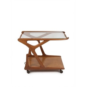 Mid-Century Modern Italian bar cart made of sculptural wood with an engraved glass top