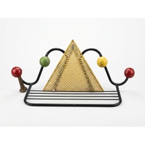 Mid-Century Modern wall-mounted coat rack in black metal with yellow perforated metal panels and colorful spheres