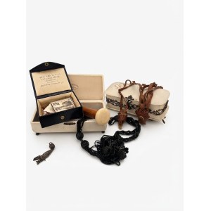 Assortment of vintage items, G. Motta &amp; F.o. jewelry box, and black bead necklace