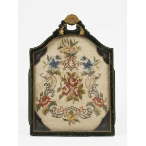 19th-century silk-embroidered panel in a shaped velvet frame