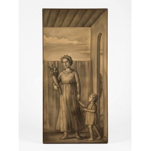 Mario Zappettini (Milan, 20th century) Allegory of Abundance (Female figure with a cornucopia and a child) Grisaille on panel, approximately 200 x 95 cm