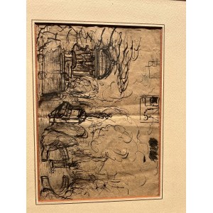 Ink drawing on paper, study of interiors and abstract elements, 20th century