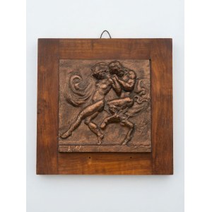 A. Cortesi, Mythological bas-relief with a nymph and a satyr, patinated plaster