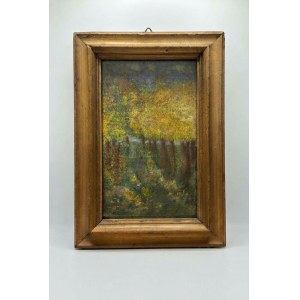 Impressionist-style autumn forest landscape, oil on canvas